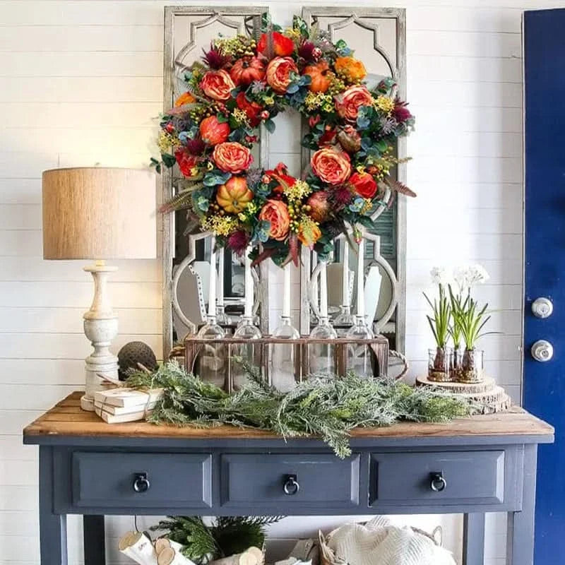 Herfststuk Pompoen met Rotan & Bladeren 40cm Oranje Bruin voor Deur Krans Herfstdecoratie Seizoen Interieur | Sulvida