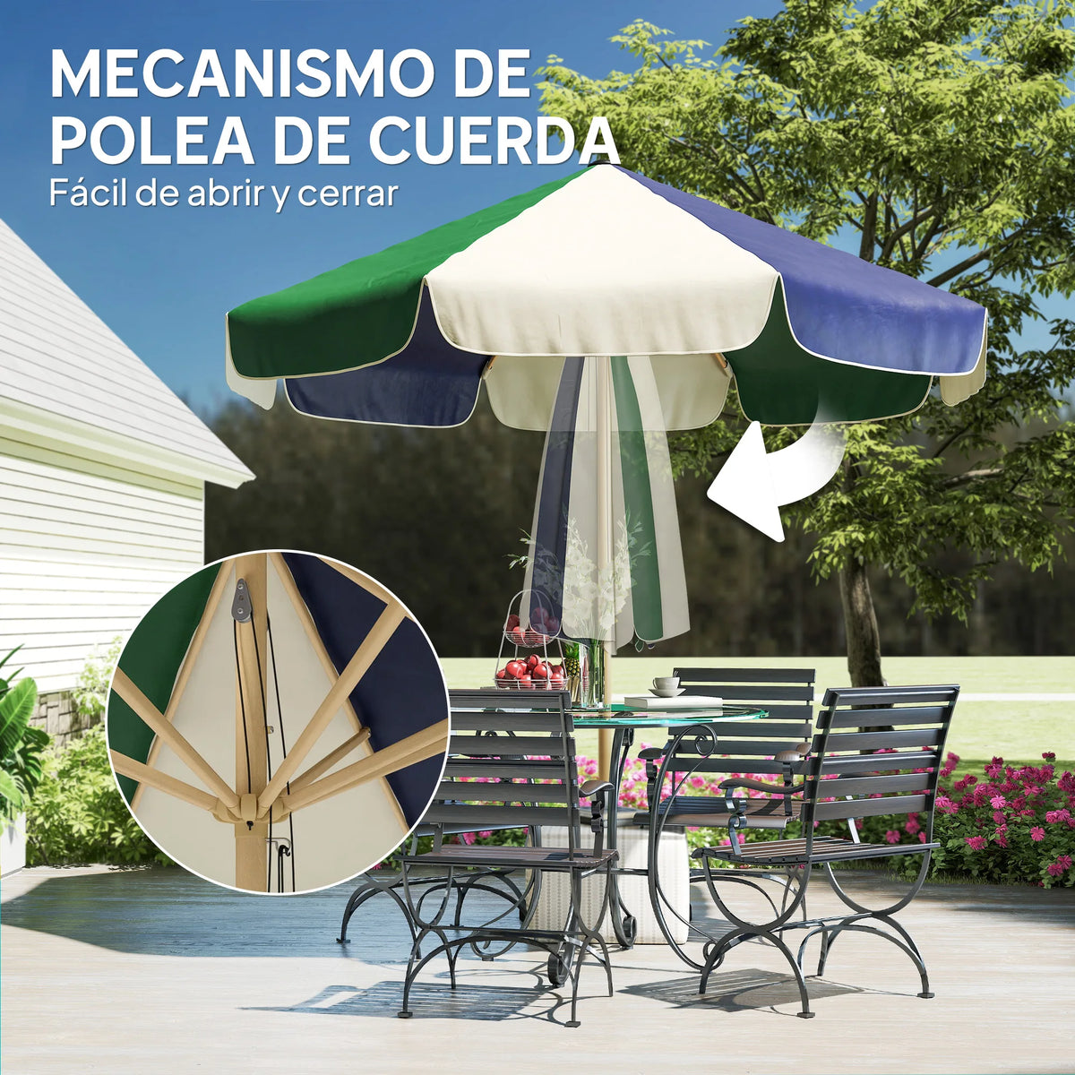 Tuinparasol Houtlook met Katrolsysteem Ø226cm Tweekleurig Donkergroen Beige UPF30+ Zonwering Terras Tuin | Sulvida