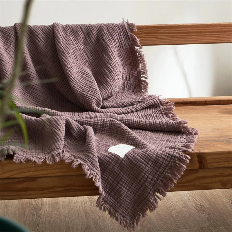 Katoenen Plaid met Kwastjes Vierlaags Gaasweefsel Effen Bankdeken Decoratief Gebreid voor Woonkamer Bank | Sulvida