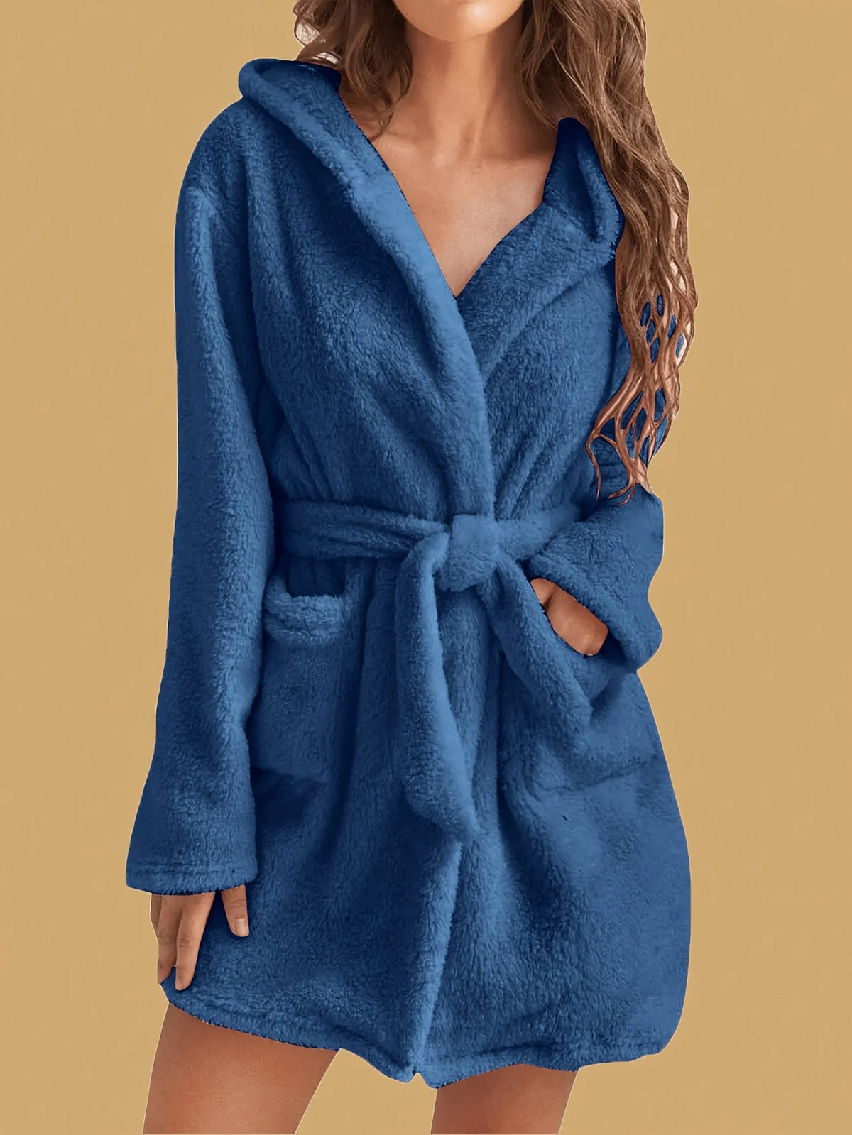 Fleece badjas dames met capuchon ceintuur lang warm wintermodel huiskamer ontspanning loungewear zachte stof | Sulvida