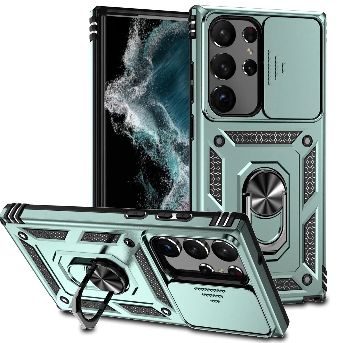 Coque de téléphone avec support et protection des objectifs pour Samsung Galaxy S23 Series, antichoc, en silicone | Sulvida