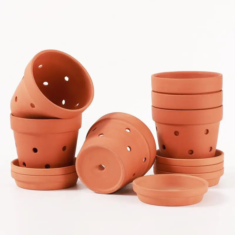 Terracotta pot - 6 stuks 4 inch terracotta orchideeënpotten met gaten en schoteltjes - kleine klei-orchideeënpotten voor het verplanten, plantenbloempot
