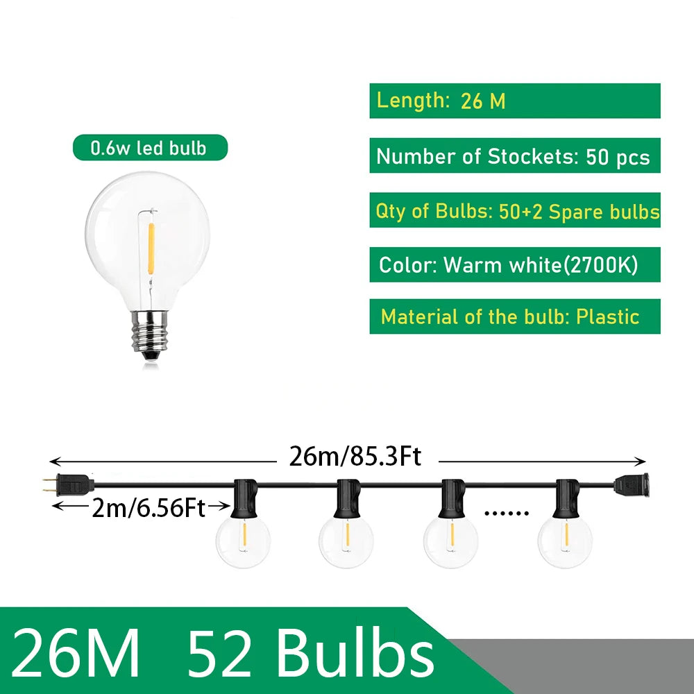 LED Bollampjes Lichtsnoer Outdoor IP44 Warm Wit Feestverlichting Tuin Terras Bruiloft Party Decoratie | Sulvida