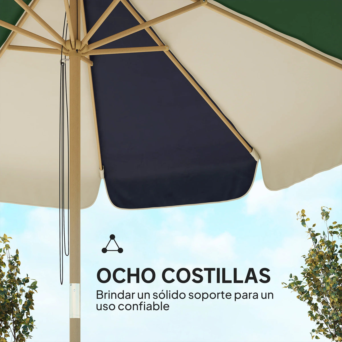 Tuinparasol Houtlook met Katrolsysteem Ø226cm Tweekleurig Donkergroen Beige UPF30+ Zonwering Terras Tuin | Sulvida