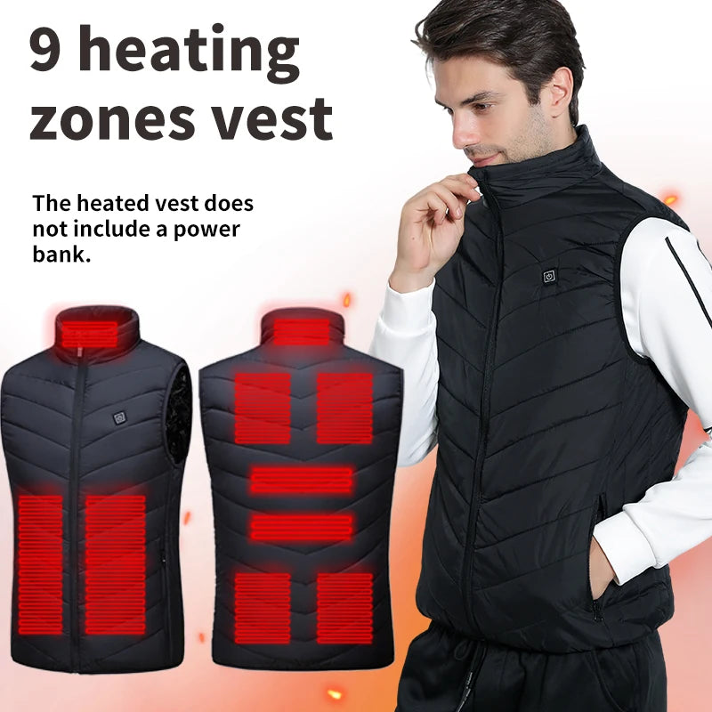 Verwarmbaar Herenvest 9 Zones USB-Verwarming Bodywarmer Outdoor Sportief Casual Herfst Winter Warmte | Sulvida