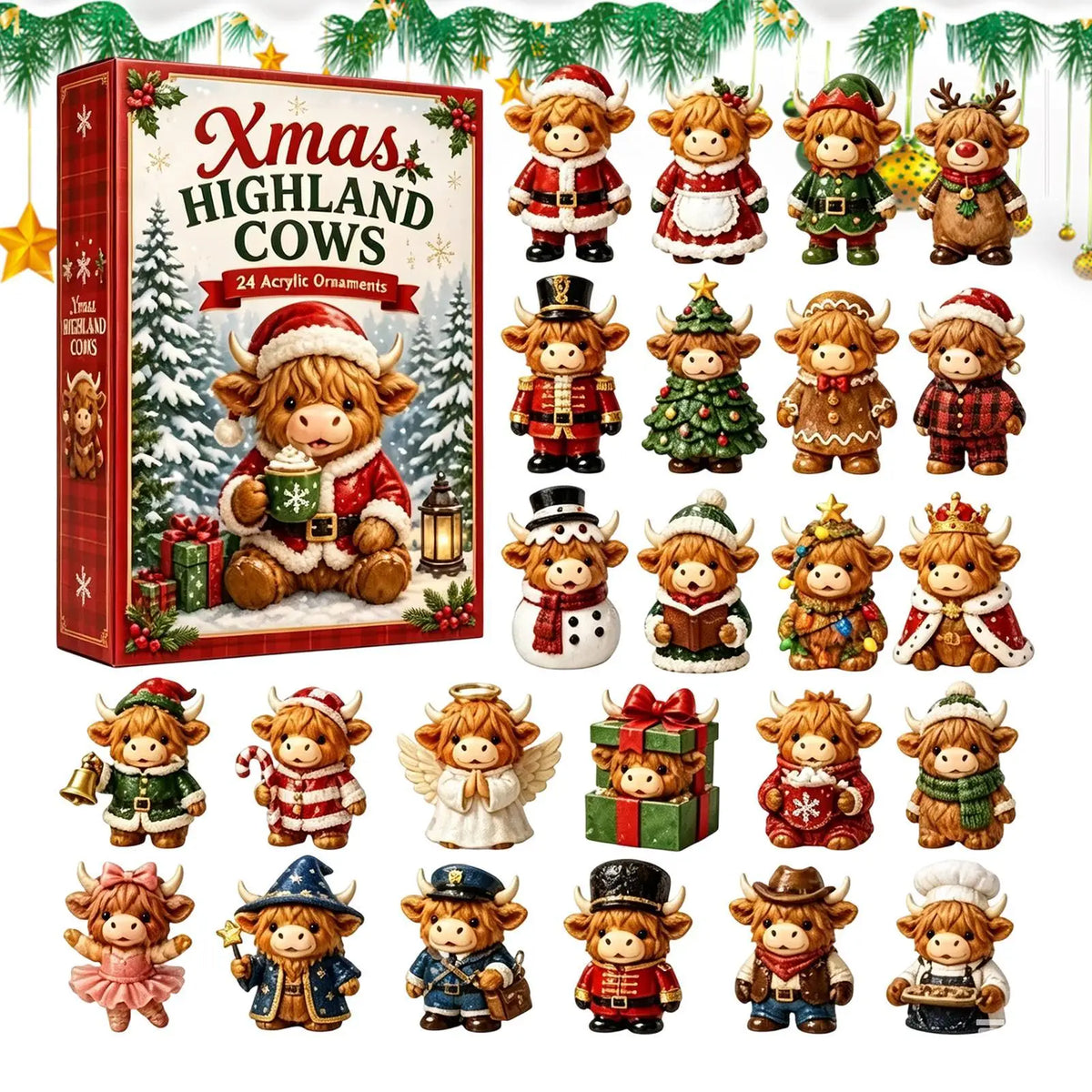 Adventskalender 24 Vakjes met Highland Cow Ornamenten Kerstboomhangers Countdown Kerst Decoratie Advent | Sulvida