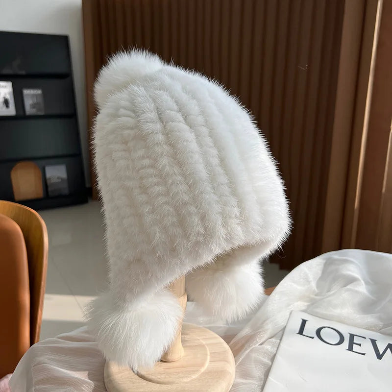 Gebreide Bontmuts Dames met Pompom Spiraalpatroon Wintermuts Herfst Winter Vrouwen Warm Luxe Echt Bont | Sulvida