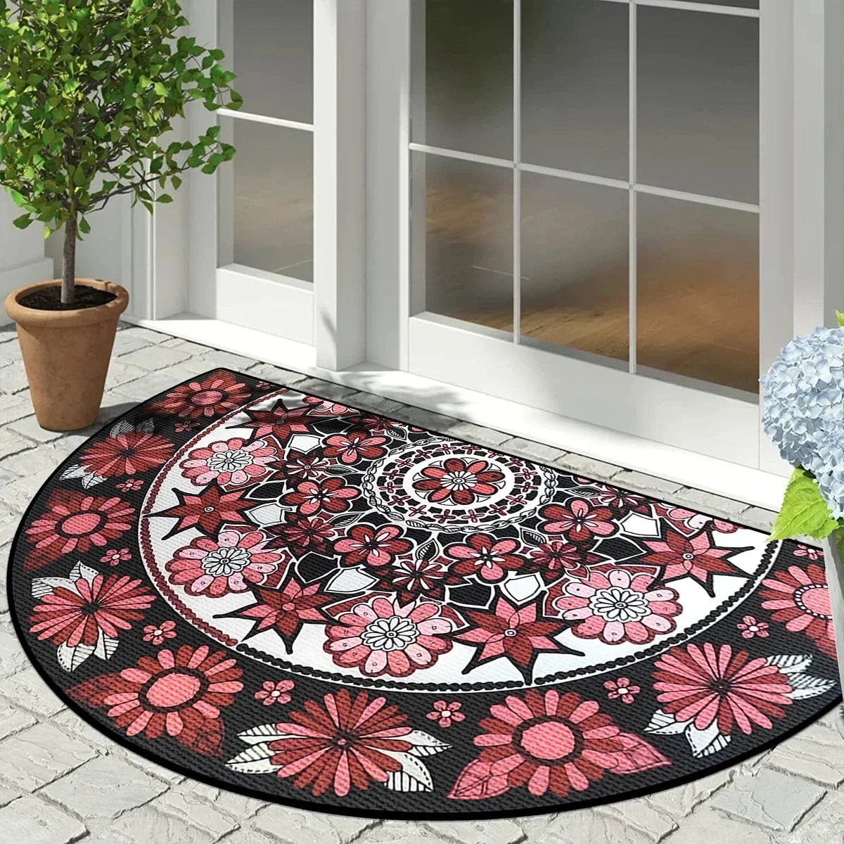 Halfronde Deurmat Buitenmat Antislip Mozaïek Vintage Bloemenpatroon Geometrisch Design Balkon Ingang | Sulvida