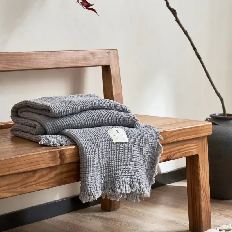 Katoenen Plaid met Kwastjes Vierlaags Gaasweefsel Effen Bankdeken Decoratief Gebreid voor Woonkamer Bank | Sulvida