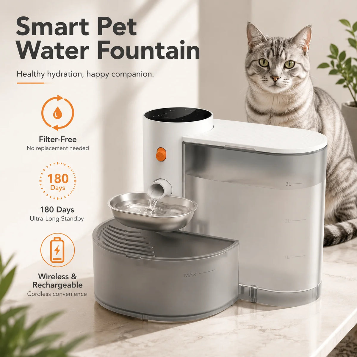 Fontaine à eau rechargeable pour animaux 3L, gamelle automatique pour chat, sans fil, réservoirs séparés, alimentation électrique en eau | Sulvida