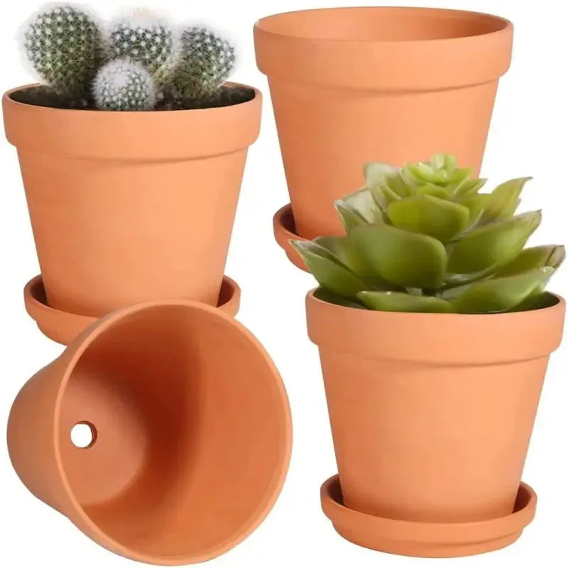 Lot de 4 pots de fleurs en terre cuite avec soucoupe et drainage, 10 cm, décoratifs pour plantes d’intérieur et d’extérieur | Sulvida