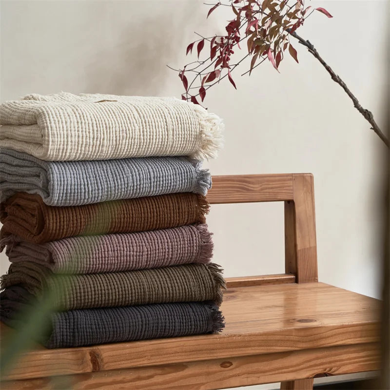 Katoenen Plaid met Kwastjes Vierlaags Gaasweefsel Effen Bankdeken Decoratief Gebreid voor Woonkamer Bank | Sulvida