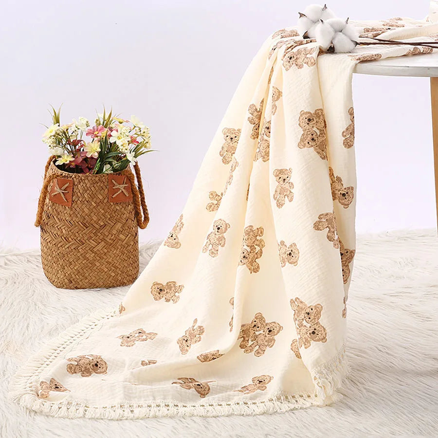 Babydeken Mousseline Katoen Beer 80x65cm Inbakerdeken Pasgeborenen Zacht Ademend Unisex Zomer Kraamcadeau | Sulvida