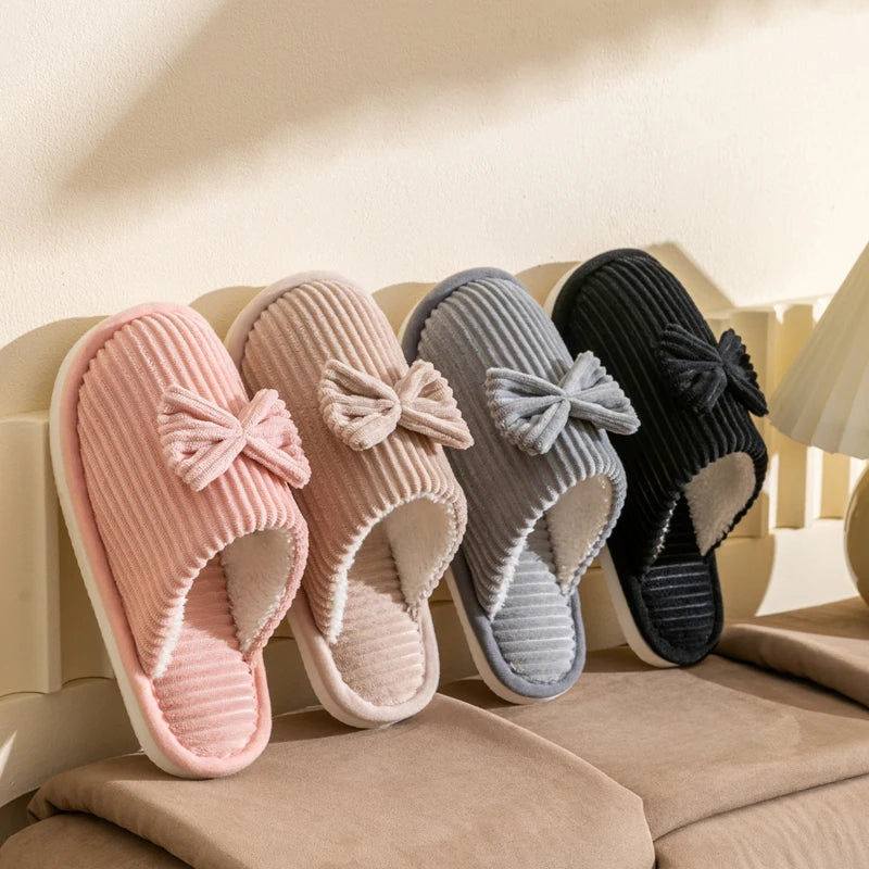 Huisslippers met Strik Dames Ribfluweel Gevoerd Antislip Binnenschoenen Fluweelzachte Pantoffels Warm | Sulvida