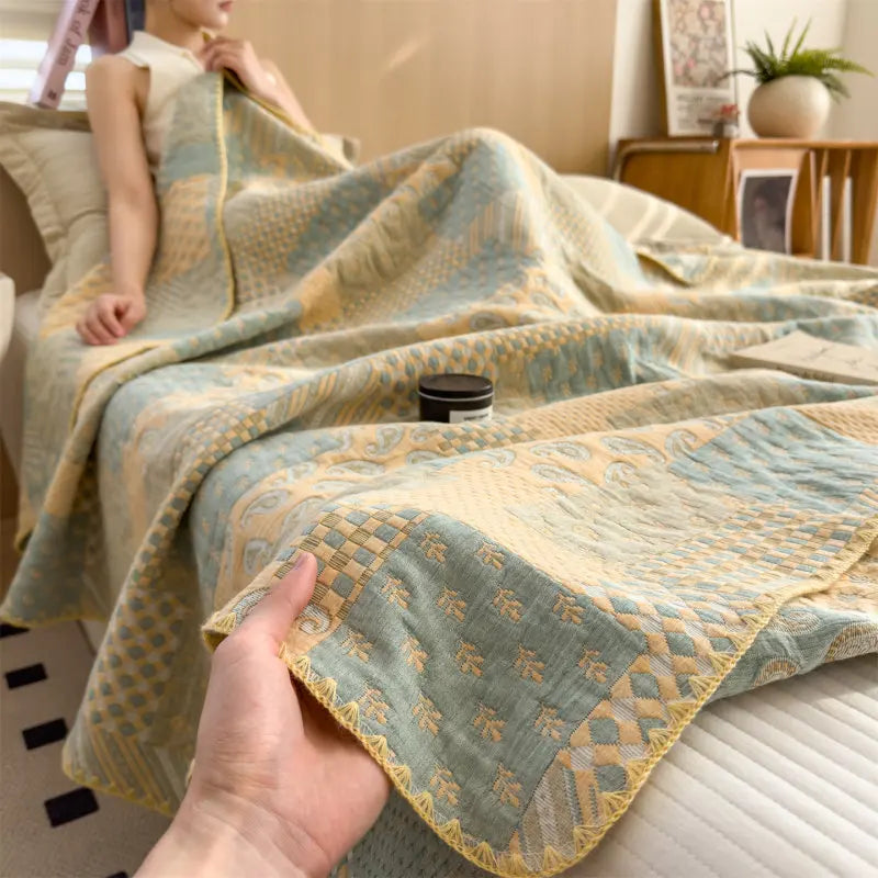 Drielaags Muslin Plaid Katoen Gestreept Lichtgewicht Ademend Zacht Deken Woonkamer Slaapkamer Bed Bank | Sulvida
