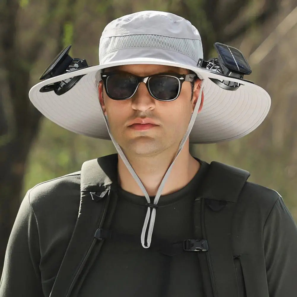Zonnehoed met brede rand en dubbele zonne-energie ventilatoren voor buiten wandelen vissen en outdoor activiteiten | Sulvida