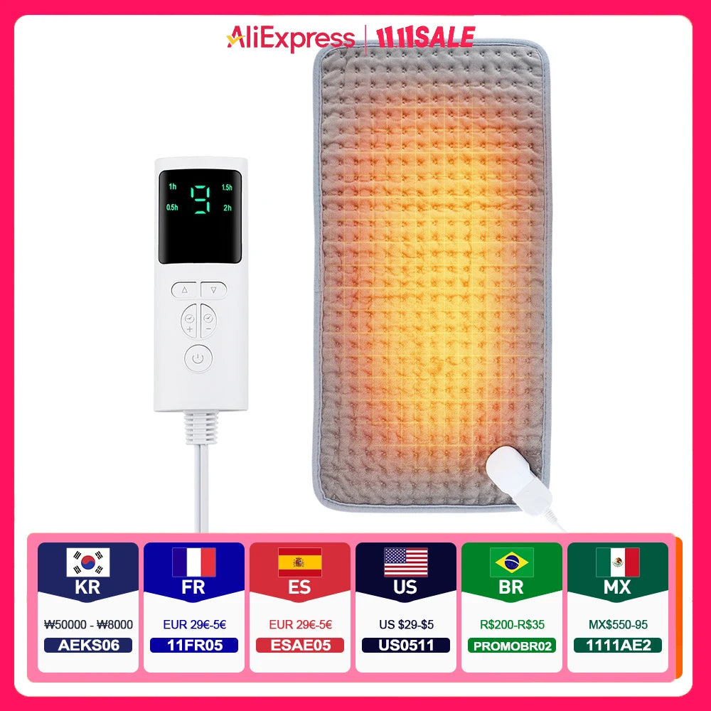 Elektrisch Verwarmingskussen 60x30 cm Grijs Microplush Verstelbaar 10 Warmtestanden Timer Rugpijn Nekpijn | Sulvida
