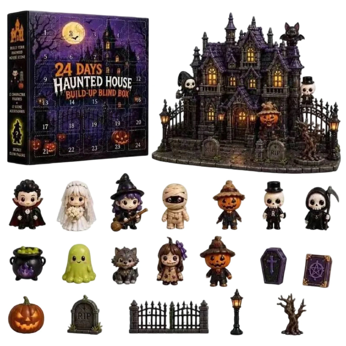 Halloween Aftelkalender 24 Dagen Spookhuis Minifiguren Verrassing Decoratie Thema Cadeauset Kinderen PVC | Sulvida