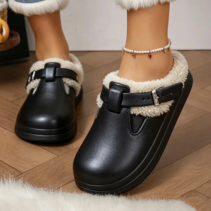 Chaussons chauds avec doublure en peluche et boucle métallique pour femme, pantoufles d’intérieur d’hiver antidérapantes et confortables | Sulvida