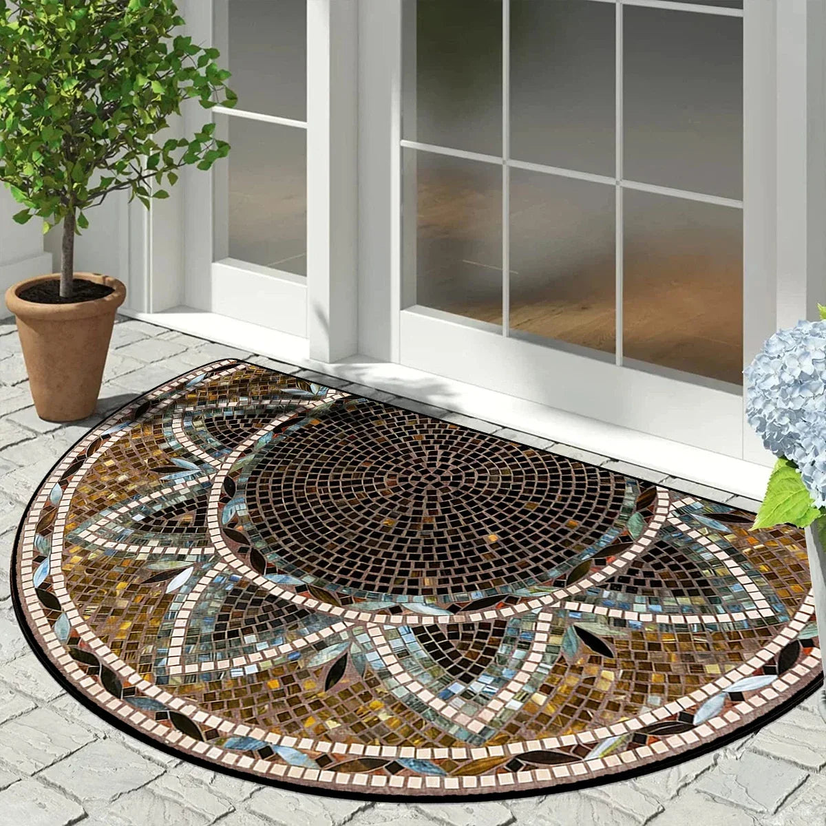Halfronde Deurmat Buitenmat Antislip Mozaïek Vintage Bloemenpatroon Geometrisch Design Balkon Ingang | Sulvida