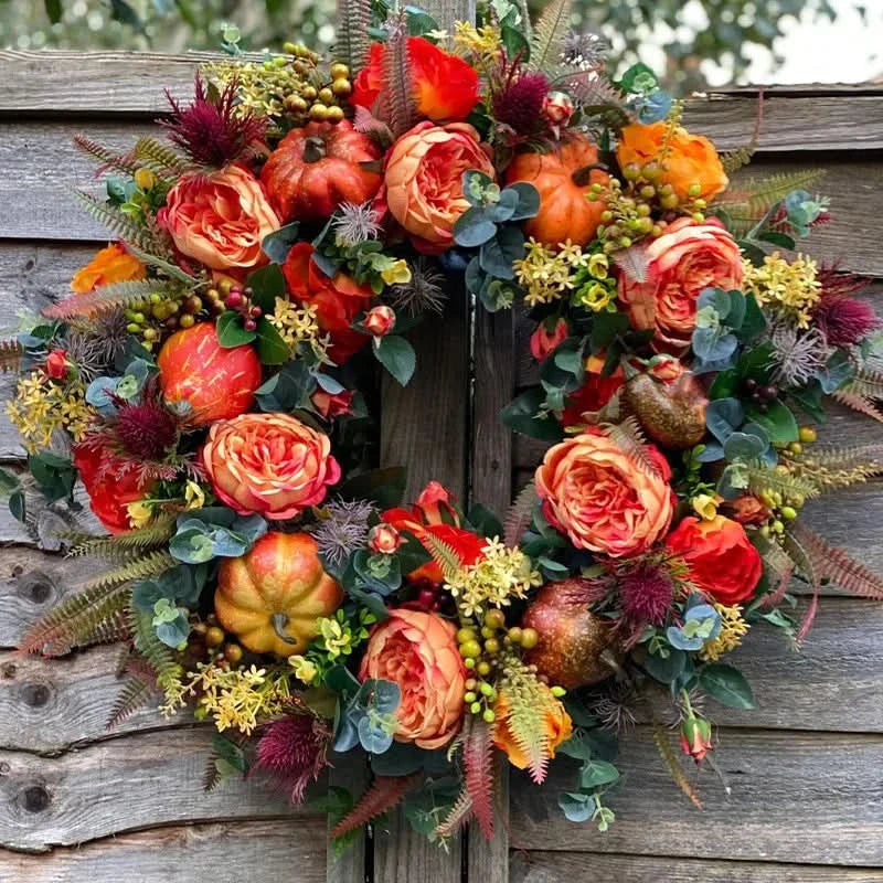 Herfststuk Pompoen met Rotan & Bladeren 40cm Oranje Bruin voor Deur Krans Herfstdecoratie Seizoen Interieur | Sulvida