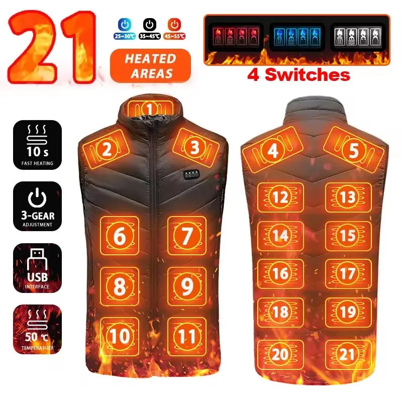 Gilet chauffant USB 21 zones chauffantes hommes femmes noir bleu vêtements de plein air camping randonnée | Sulvida