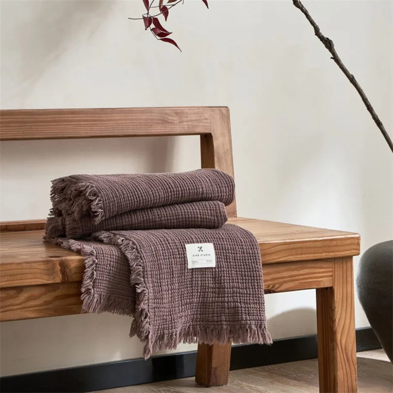 Zeslaags Katoenen Plaid met Franjes 130x170 en 200x230 Decoratief Woonplaid Mousseline Textiel Bankdeken | Sulvida