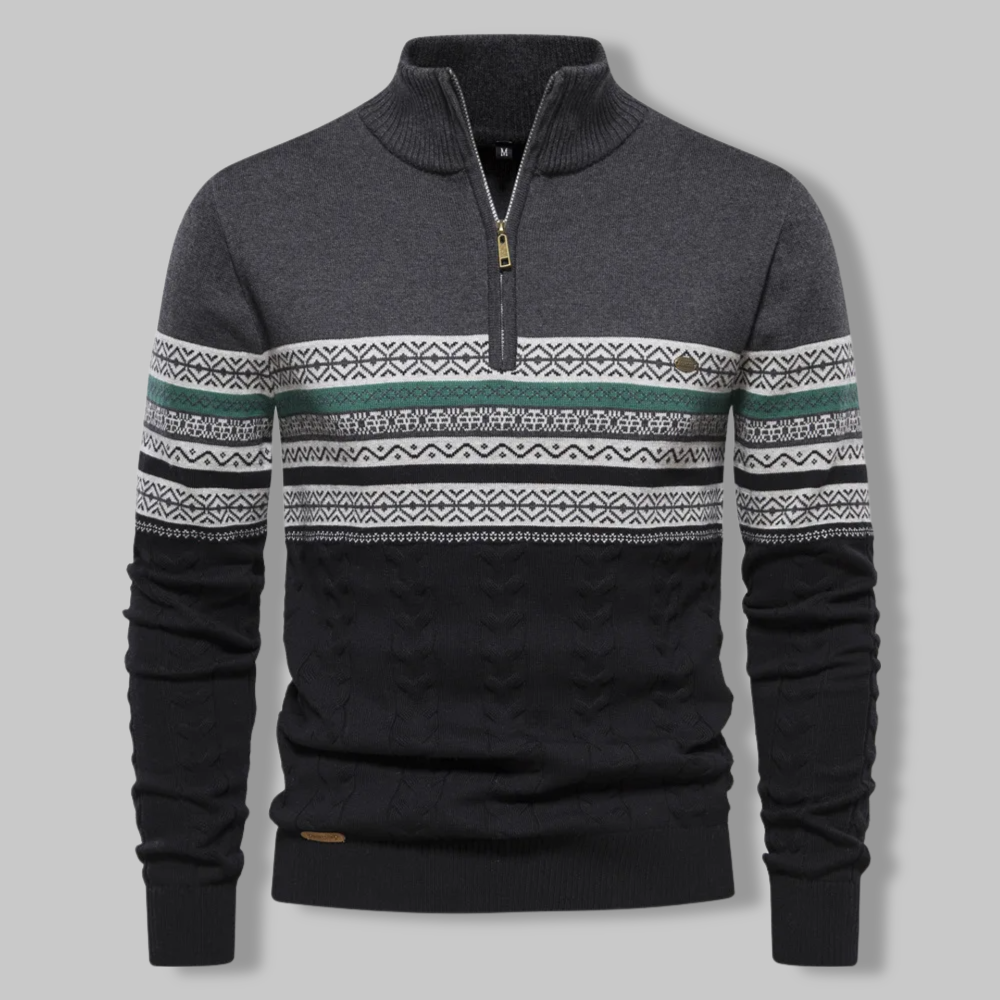 Heren Trui met Kabelpatroon en Kwart Rits Donkerblauw Ivoor Bordeaux Nordic Jacquard Gebreide Pullover | Sulvida