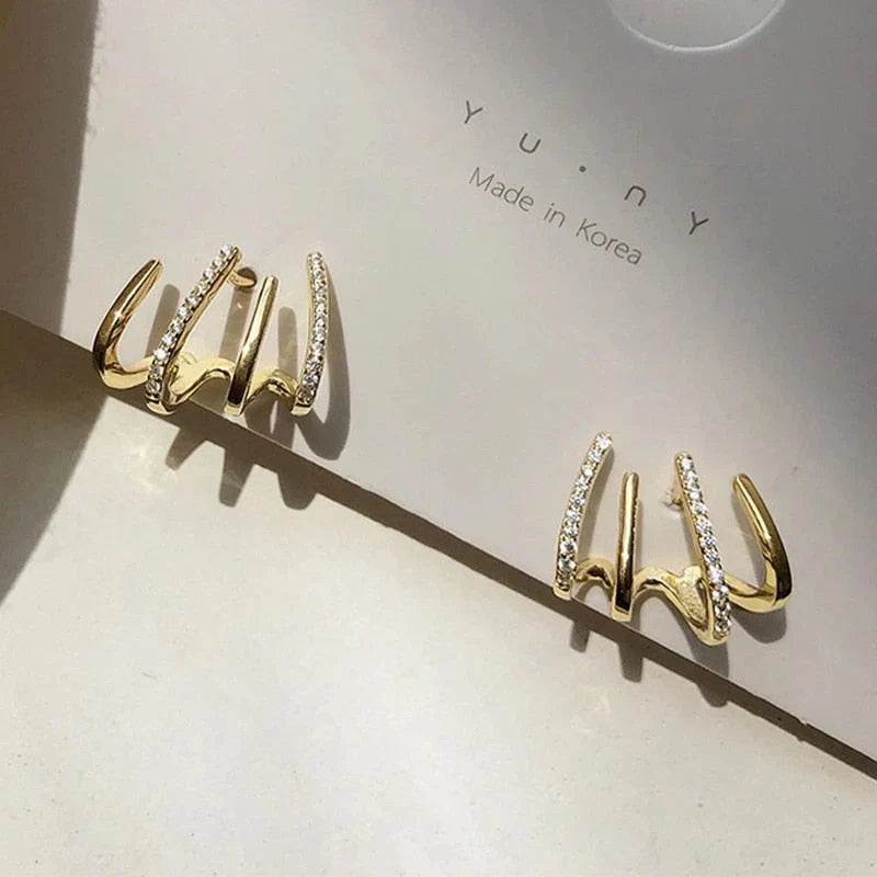 Oorbellen Vier Klauwen Design Zirkonia Zilver Goud Elegante Earcuff Sierlijk Oorknopje Dames Accessoire | Sulvida