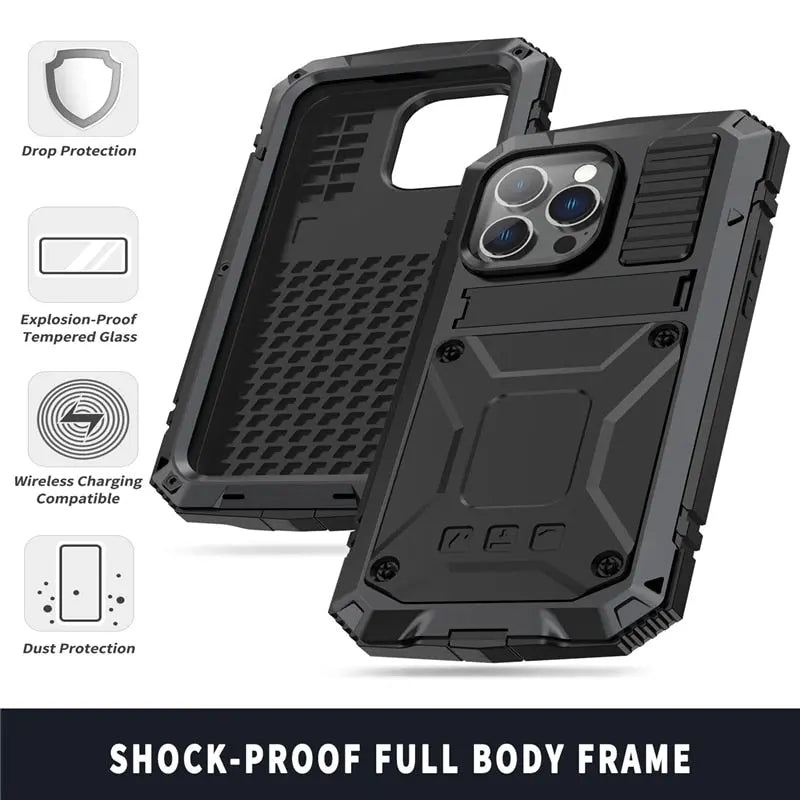 Coque de téléphone en métal iPhone 14 13 12 11 noire rouge argent jaune antichoc robuste bumper de protection | Sulvida