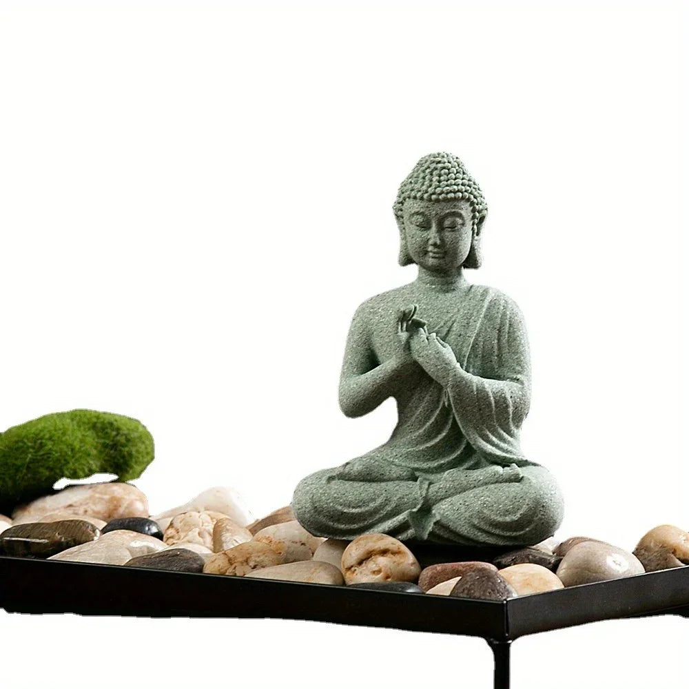 Statue de Bouddha en grès vert, décoration zen pour table ou aquarium, ambiance spirituelle, coin méditation, 6x4.5x8cm | Sulvida