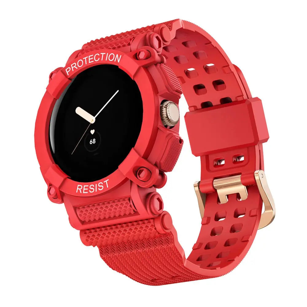 Bracelet de montre avec coque de protection pour Pixel Watch et Pixel Watch 2 sport en silicone hybride noir | Sulvida