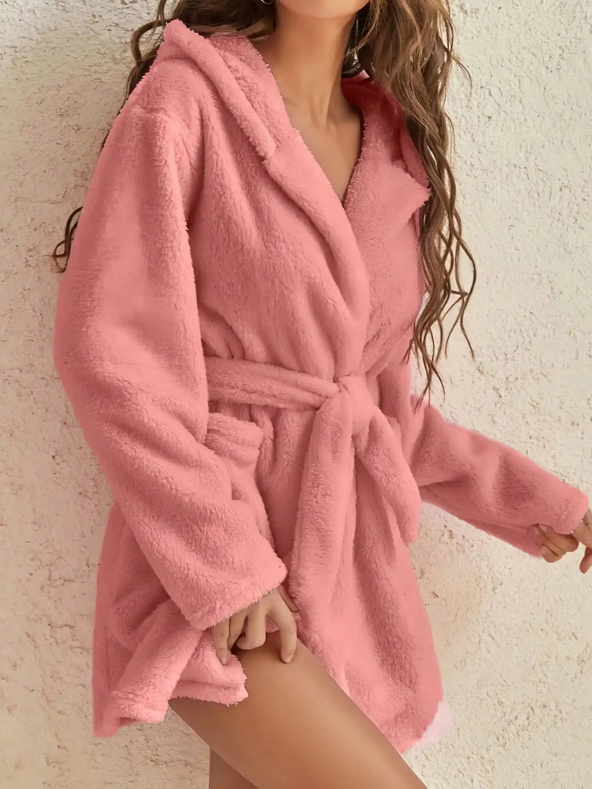 Fleece badjas dames met capuchon ceintuur lang warm wintermodel huiskamer ontspanning loungewear zachte stof | Sulvida