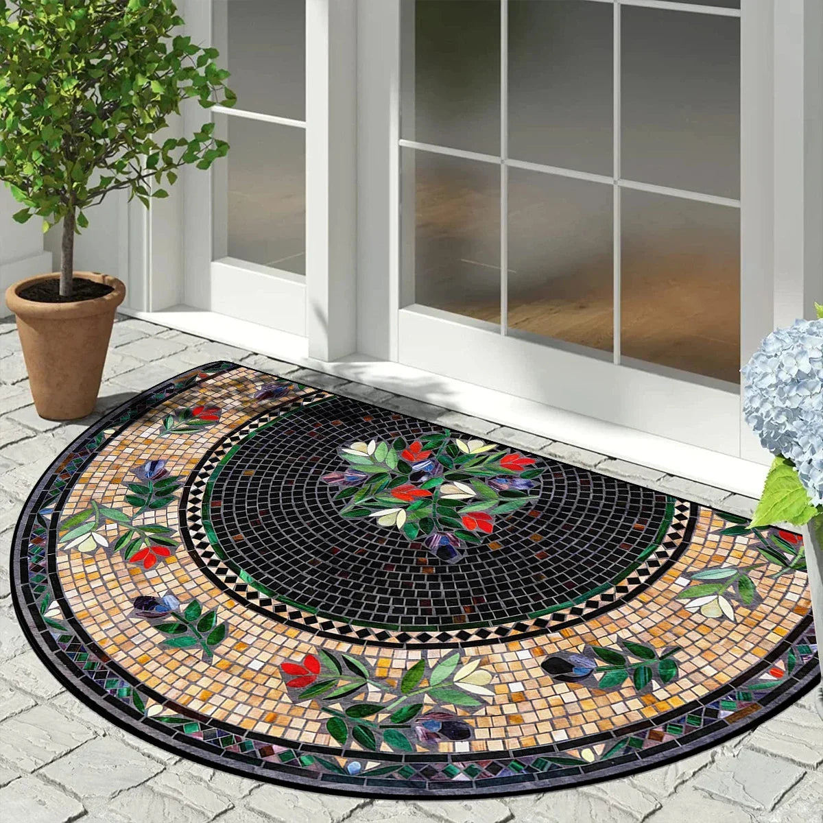 Halfronde Deurmat Buitenmat Antislip Mozaïek Vintage Bloemenpatroon Geometrisch Design Balkon Ingang | Sulvida