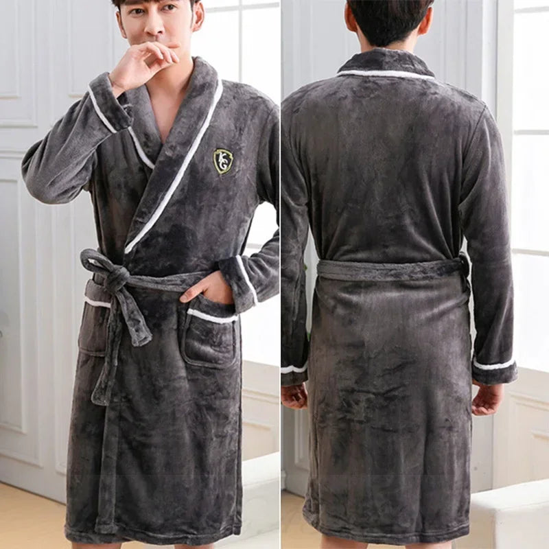 Herenbadjas Fleece Kimono Grijs Blauw Kameel Lange Mouwen Extra Dik Luxe Loungekleding Herfst Winter | Sulvida