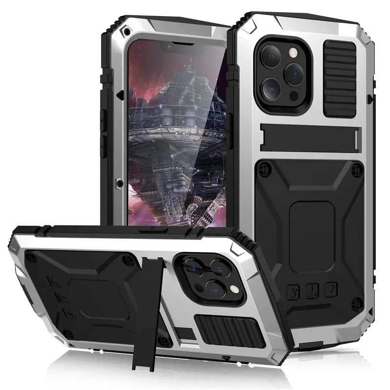 Coque de téléphone en métal iPhone 14 13 12 11 noire rouge argent jaune antichoc robuste bumper de protection | Sulvida