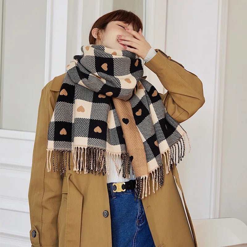Hartvormige Geruite Sjaal Dames Wintersjaal Oversized Wollen Omslagdoek Warme Halsdoek Driehoek Ruit | Sulvida