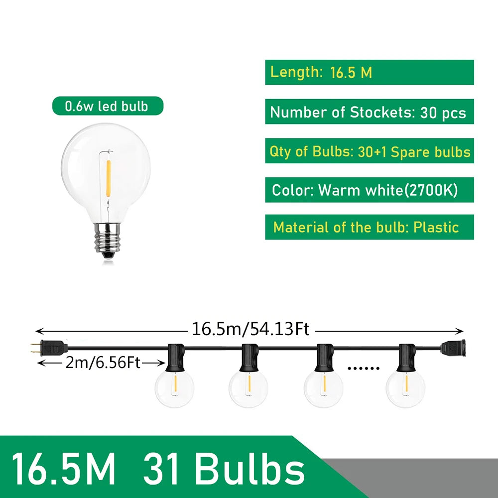 LED Bollampjes Lichtsnoer Outdoor IP44 Warm Wit Feestverlichting Tuin Terras Bruiloft Party Decoratie | Sulvida