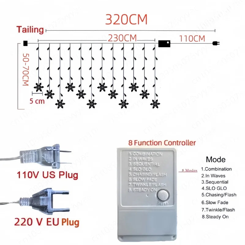 LED Sneeuwvlok Lichtgordijn 320cm Warm Wit IP44 Waterdicht Feestverlichting Decoratief Binnen Buiten | Sulvida