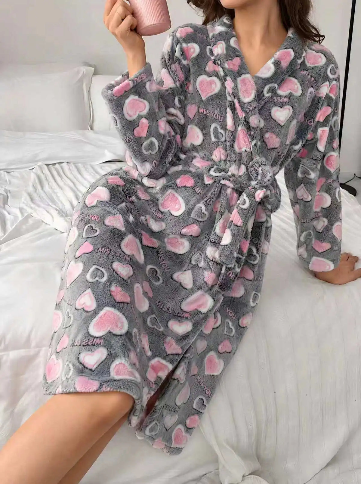Fleece Badjas Dames Lang met Ceintuur Roze Zachte Winterochtendjas Huiskleding Loungewear Herfst Winter | Sulvida