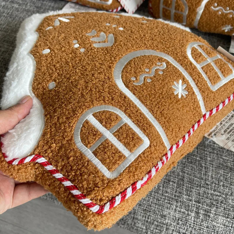 Peperkoekhuisje Sierkussen 32cm Teddy Fleece Kerst Decoratie Woonkamer Slaapkamer Knus Plaid Knuffelkussen | Sulvida
