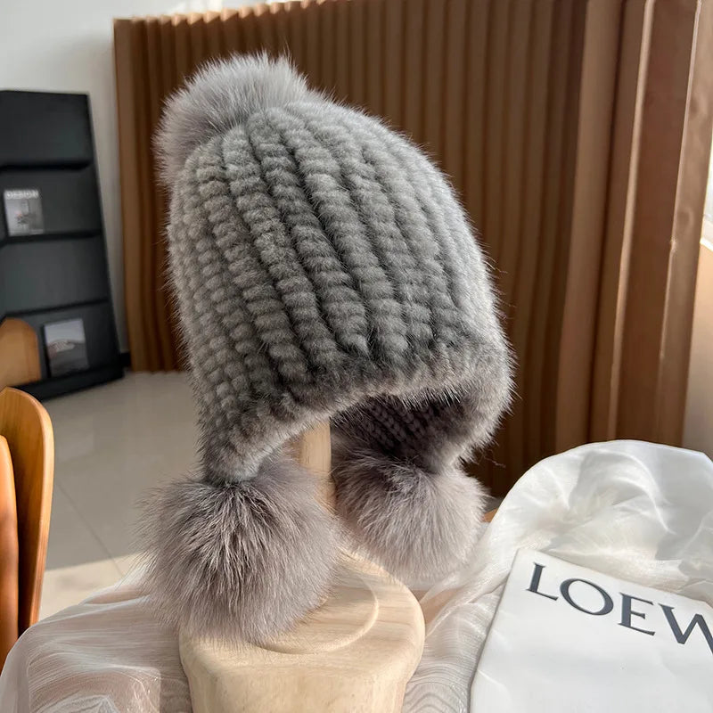 Gebreide Bontmuts Dames met Pompom Spiraalpatroon Wintermuts Herfst Winter Vrouwen Warm Luxe Echt Bont | Sulvida