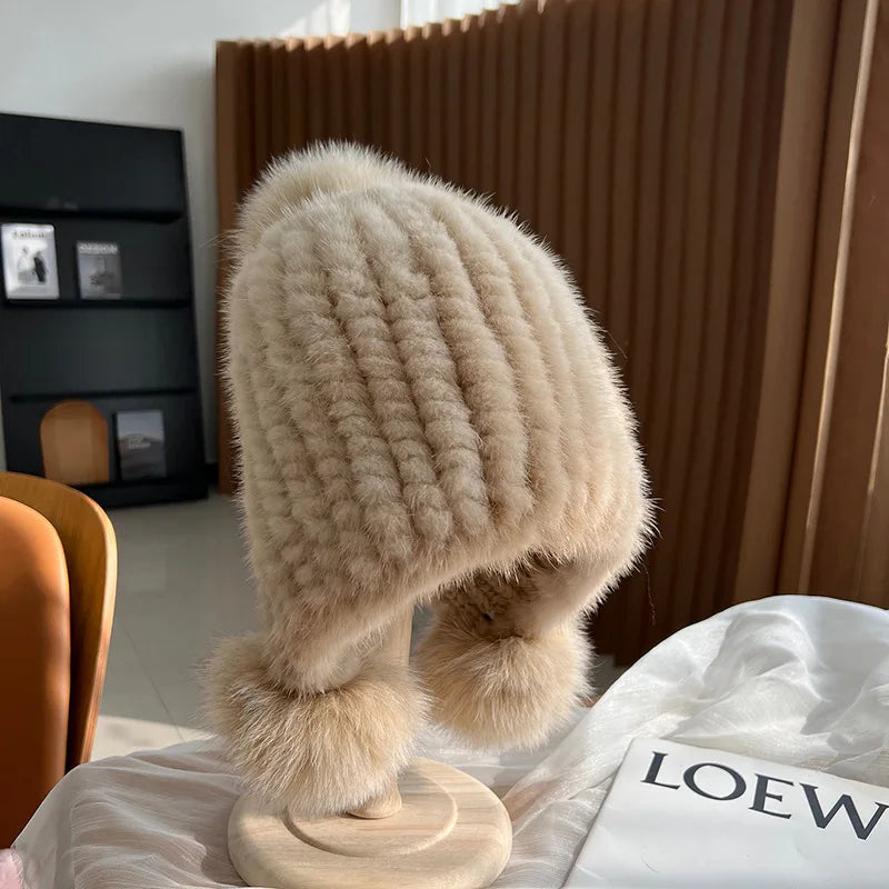 Gebreide Bontmuts Dames met Pompom Spiraalpatroon Wintermuts Herfst Winter Vrouwen Warm Luxe Echt Bont | Sulvida
