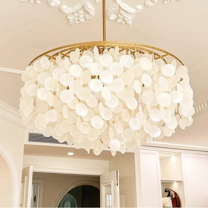 Ronde hanglamp met schelpenlagen en LED-verlichting voor sfeervolle woonkamer eetkamer entree en slaapkamer | Sulvida