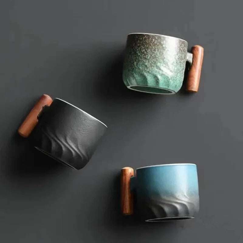 Keramische Espressokop 80ml met Houten Handvat Groen Blauw Zwart Theemok Filter Handgemaakt Koffiebeker | Sulvida