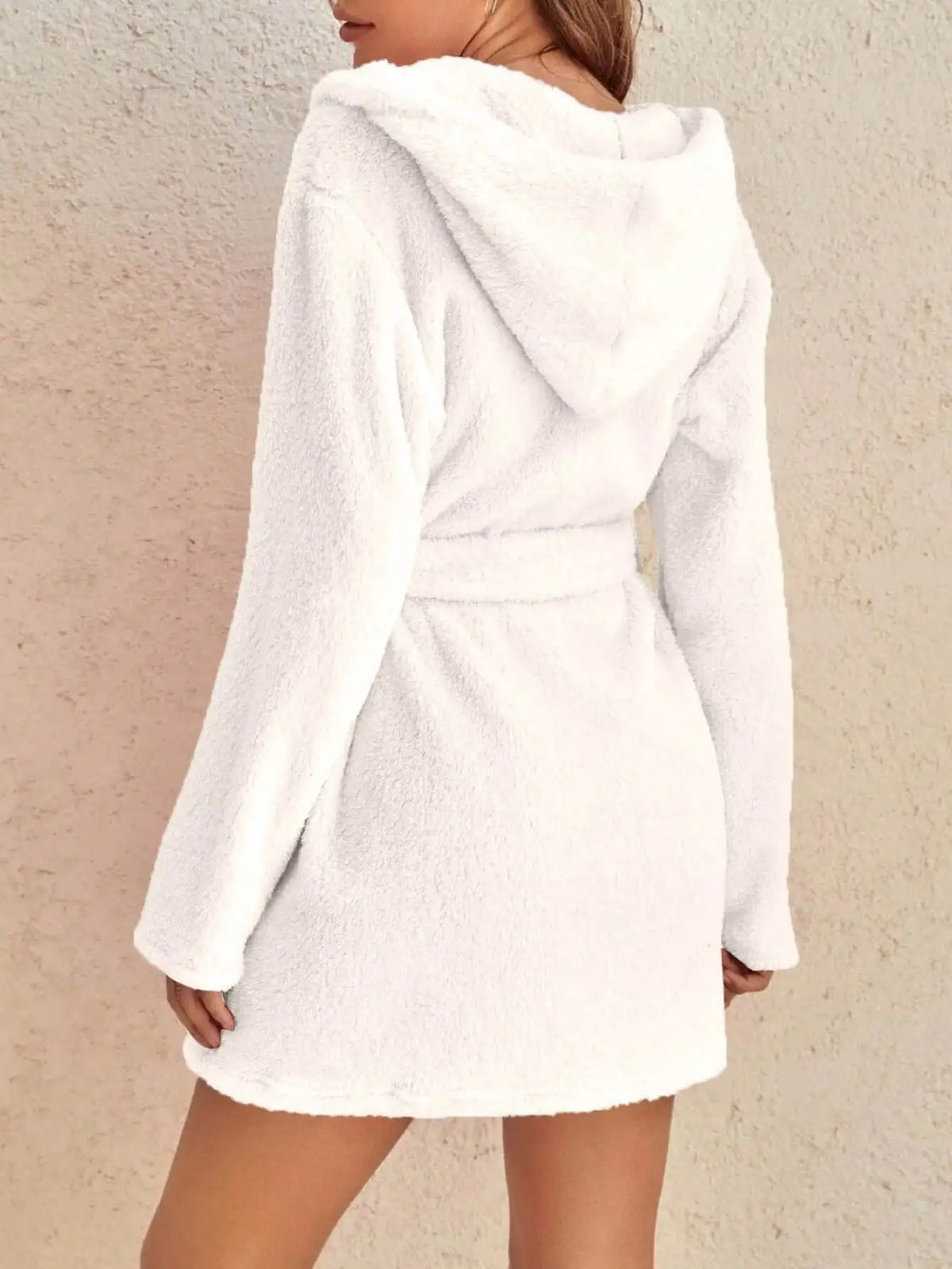 Fleece badjas dames met capuchon ceintuur lang warm wintermodel huiskamer ontspanning loungewear zachte stof | Sulvida