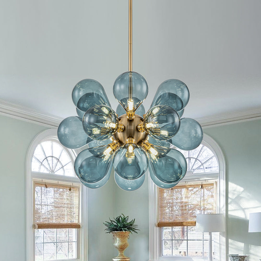 Glazen Kroonluchter 18 Lichtpunten Blauw Goud Eetkamer Woonkamer Decoratief Hanglamp Design Statement | Sulvida