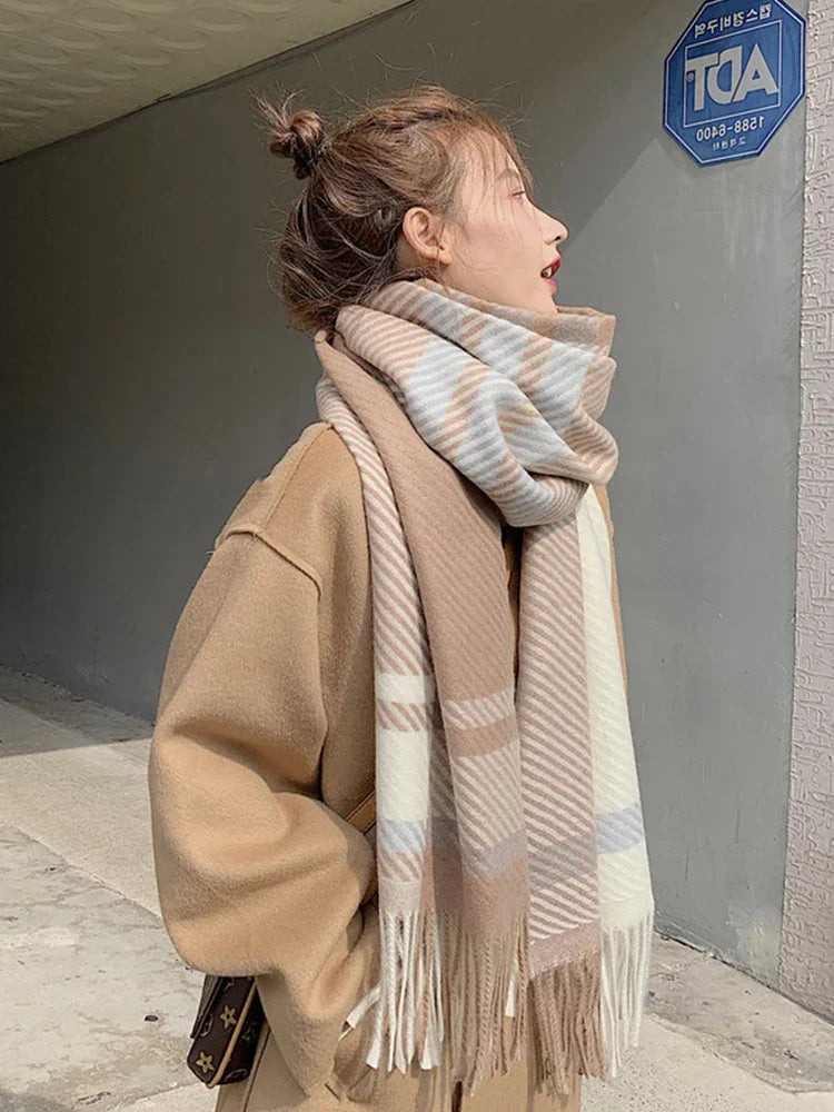 Vintage Wollen Wintersjaal Geruit met Franje – Unisex Halsdoek voor Herfst Winter – Warme Gebreide Sjaal | Sulvida