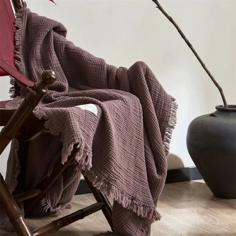 Zeslaags Katoenen Plaid met Franjes 130x170 en 200x230 Decoratief Woonplaid Mousseline Textiel Bankdeken | Sulvida