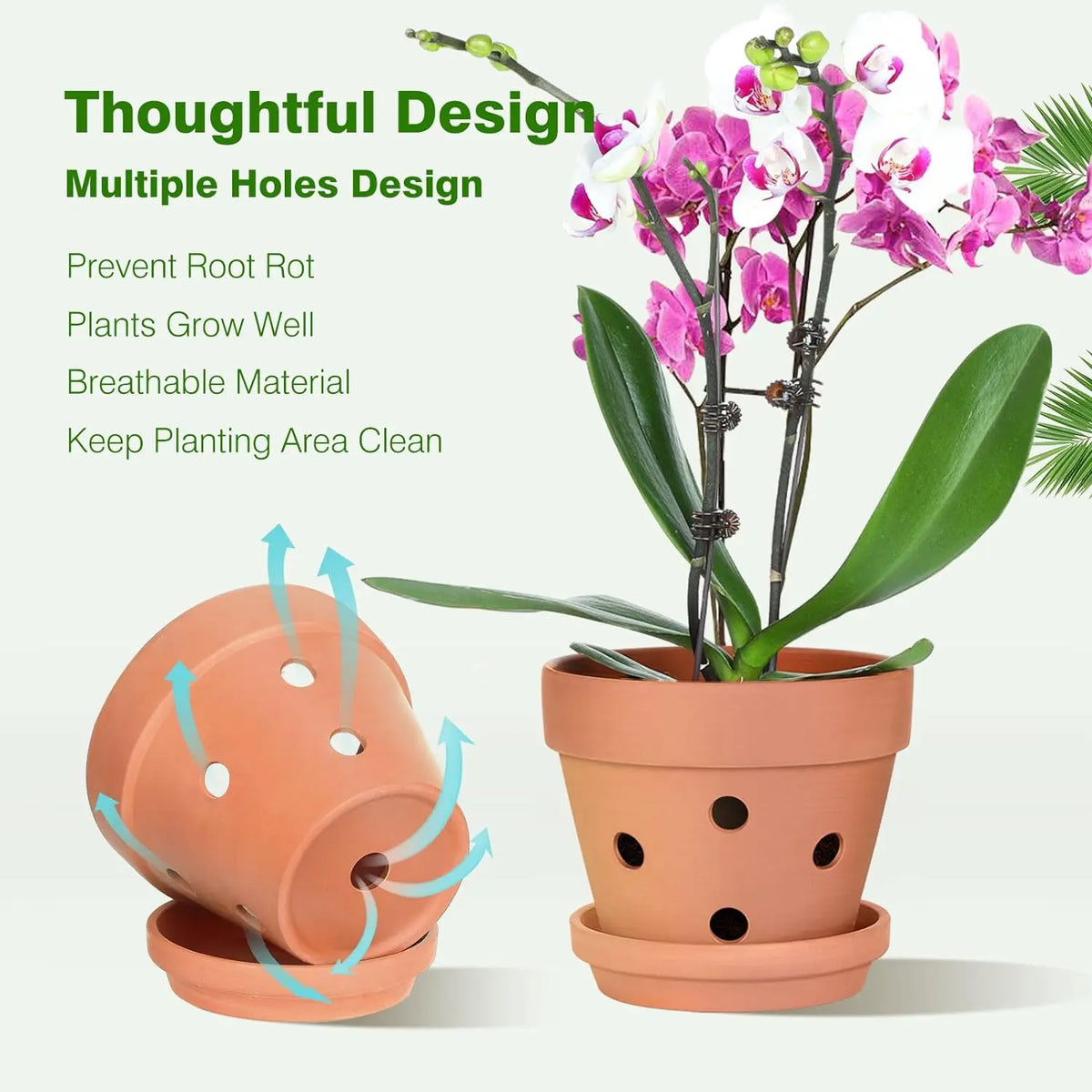 Lot de 6 pots pour orchidées en terre cuite avec trous de drainage et soucoupes, pots en argile pour plantes d’intérieur et d’extérieur | Sulvida